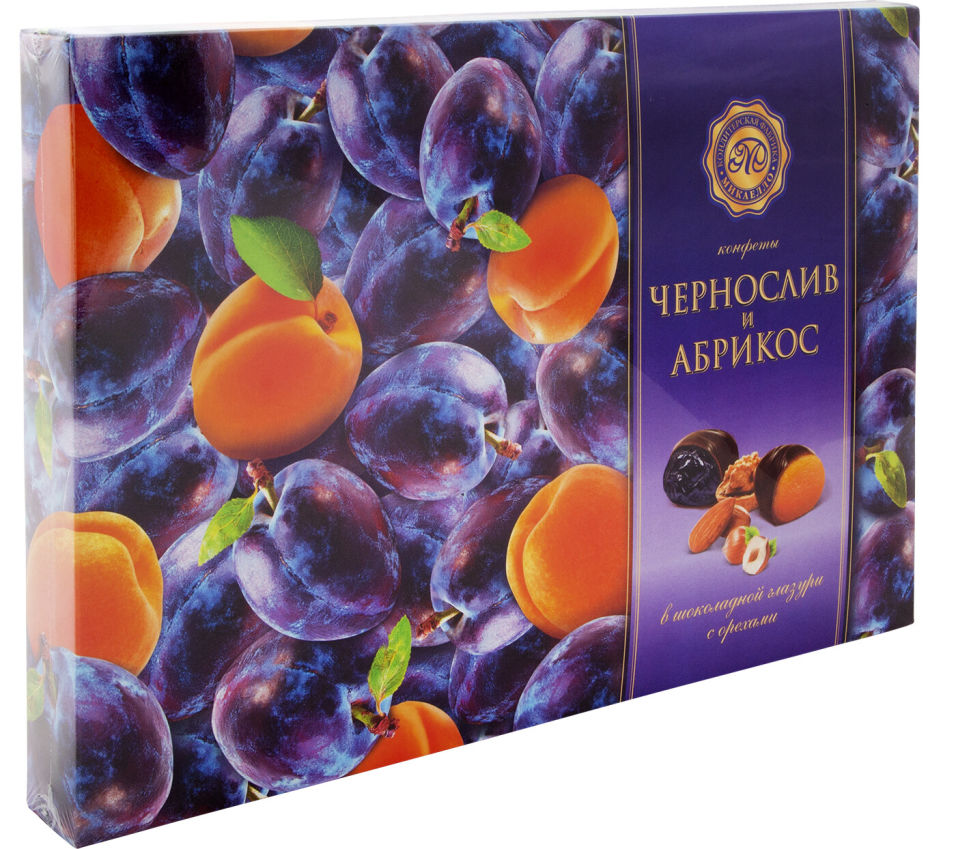 Конфеты Микаелло чернослив и абрикос в шоколадной глазури с орехами 220г