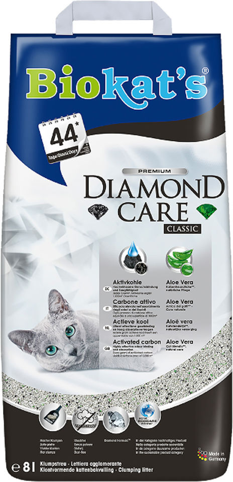 Наполнитель для кошачьего туалета Biokats Diamond care Classic с активированным углем 8л