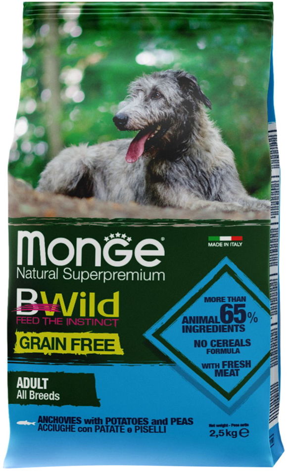 Сухой корм для взрослых собак всех пород Monge Dog BWild Grain Free беззерновой c анчоусами, картофелем и горохом 2.5кг