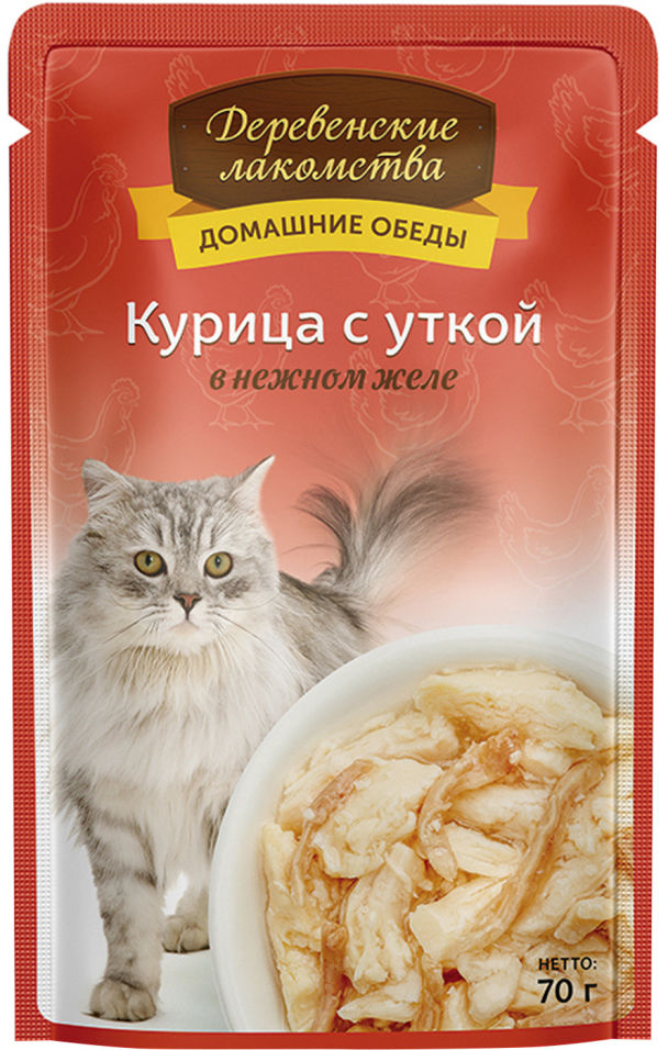 Корм для кошек Деревенские лакомства Курица с уткой в нежном желе 70г Корм для кошек Деревенские лакомства Курица с уткой в нежном желе 70г