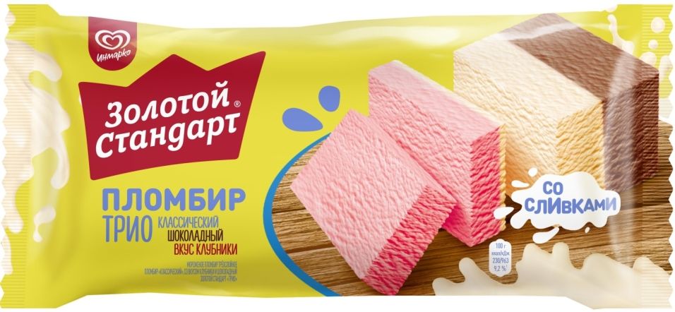 Мороженое Золотой Стандарт Трио Пломбир Шоколад Клубника Сливки 12% 180г