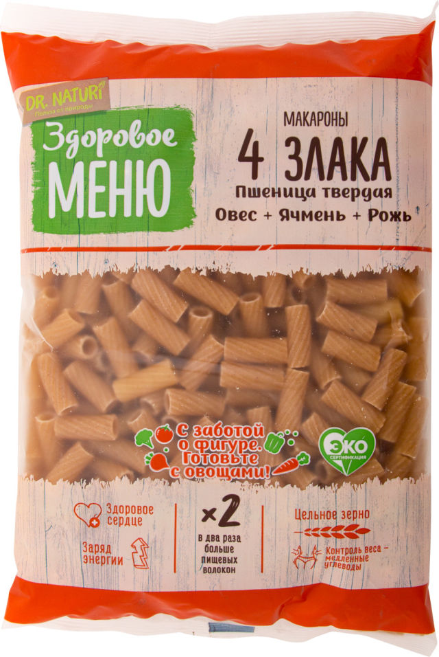 Макароны Dr Naturi Здоровое меню Трубочки 4 злака 400г