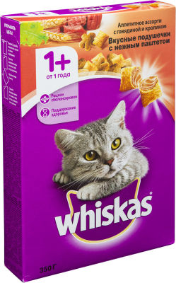 Сухой корм для кошек Whiskas Вкусные подушечки с паштетом Ассорти с говядиной и кроликом 350г